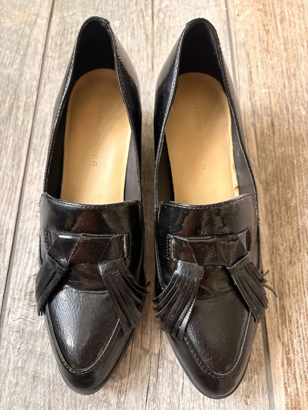 Marc Fisher Black Patent Tassel Loafer Heels for Women